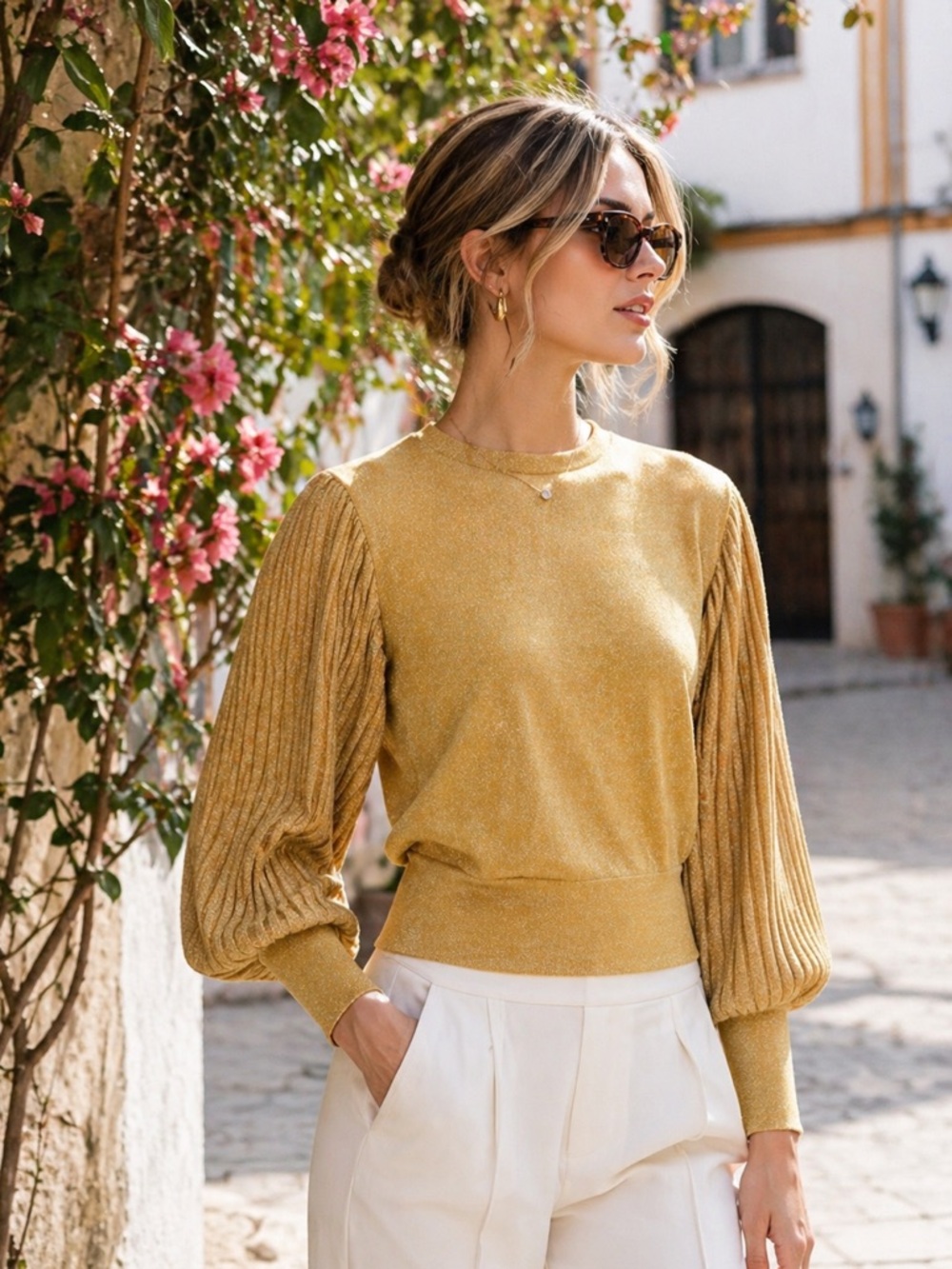 NWT MSGM Metallic Gold Balloon Sleeves Luxe Knit Sweater Size XS